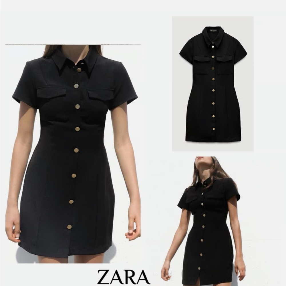 Zara Black Short Sleeve Notched Collar Mini Dress